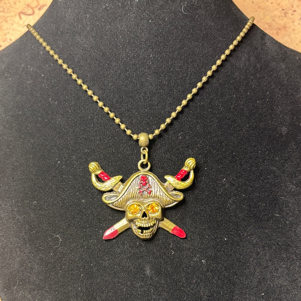 Bronze and Red Pirate Skull Necklace